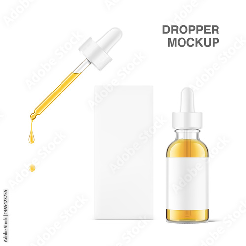 Pipette mockup with dropper bottle isolated on white background. Vector illustration. Front view. Сan be used for cosmetic, medical and other needs. EPS10.	