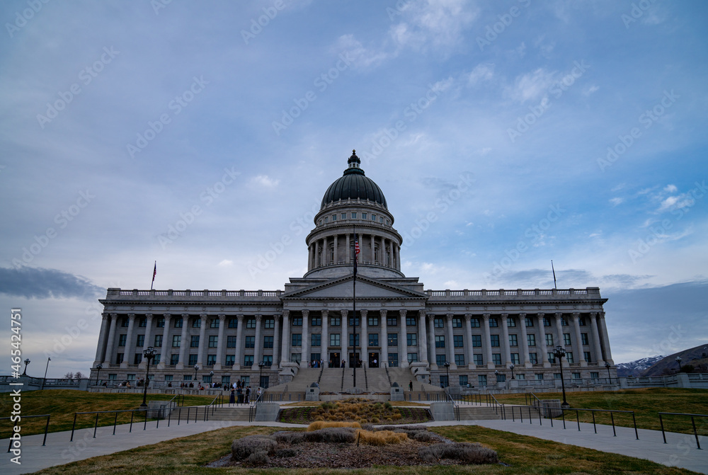 beautiful wide shot of state capitol of utah during the sunset