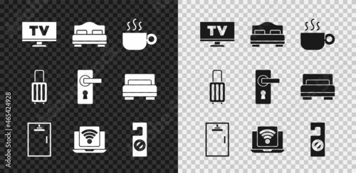 Set Smart Tv, Hotel room bed, Coffee cup, Shower cabin, Wireless laptop, Please do not disturb, Suitcase and Door handle icon. Vector