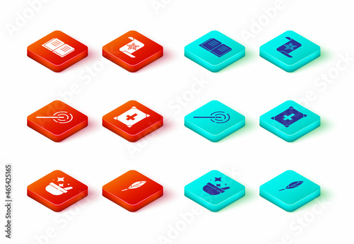 Set Witch cauldron, Magic feather, wand, Ancient magic book, and icon. Vector