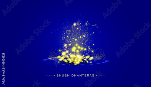 Dhanteras Diwali Indian festival creative banner design with goddess Laxmi Lakshmi futuristic digital low polygonal modern golden wireframe coin ornaments jewellery photo