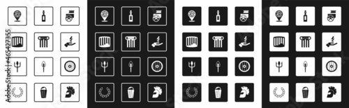 Set Ancient chariot, column, Minotaur labyrinth, Zeus, Bottle of olive oil, Greek shield and Neptune Trident icon. Vector