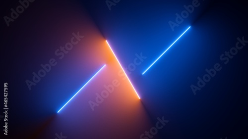3d render, abstract minimal neon background with glowing lines. Dark wall illuminated with led lamps. Blue orange wallpaper photo