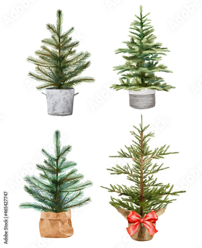Watercolor set of Christmas trees in a basket isolated on a white background. Scandinavian style illustration for your design.