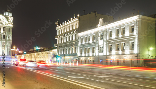 Moscow, Russia, Oct 12, 2021:  Evening view of Mokhovaya street near crossing with Vozdvizhenka street. Car traces © olegkliucharev