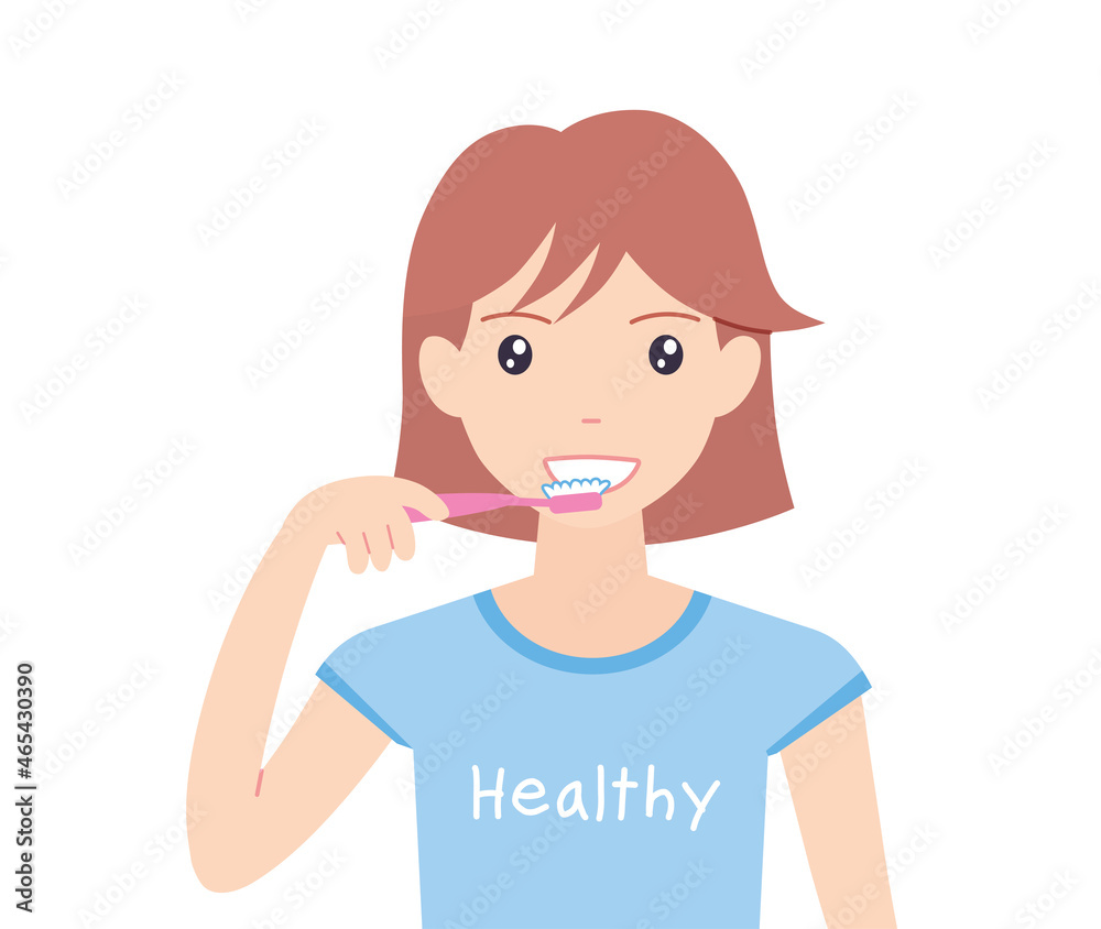 Girl brushing teeth holding a pink toothbrush isolated flat vector cartoon illustration Girl brushing teeth holding a pink toothbrush isolated flat vector cartoon illustration