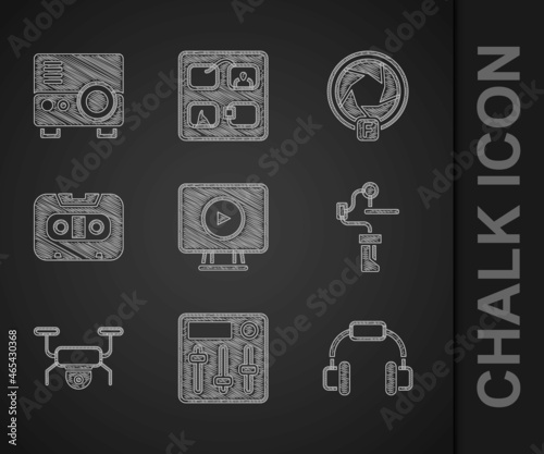 Set Online play video, Sound mixer controller, Headphones, Gimbal stabilizer for camera, Drone flying, Retro audio cassette tape, Camera shutter and Media projector icon. Vector
