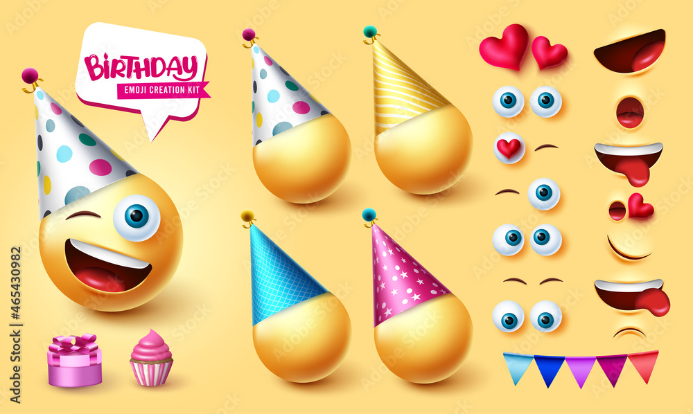 Birthday emoji creator vector set. Smiley 3d character kit with cute, happy and friendly editable face expression for birth day emojis reaction collection design. Vector illustration.
