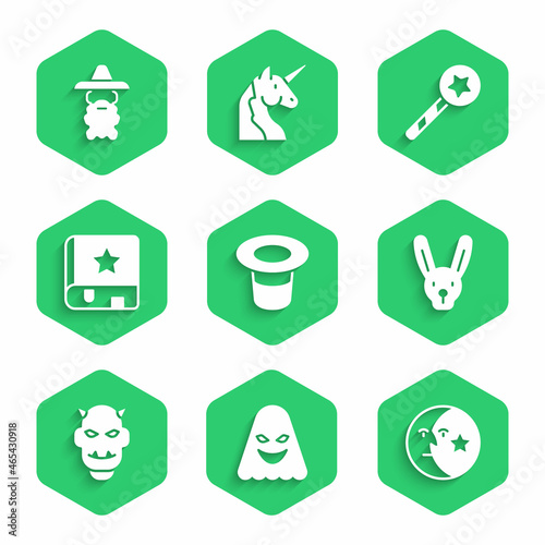 Set Magic hat, Ghost, Moon and stars, Rabbit with ears, Mask of the devil horns, Ancient magic book, wand and Wizard warlock icon. Vector
