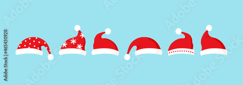 Santa Claus hat vector icon, red New Year cap set, cartoon winter decoration isolated on white background. Holiday illustration photo