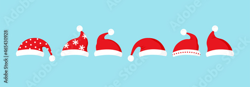 Santa Claus hat vector icon, red New Year cap set, cartoon winter decoration isolated on white background. Holiday illustration