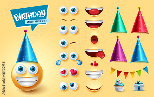 Birthday smileys kit creator vector set. Emoji 3d birth day character with editable face parts and elements like party hats, pennants and gift for cute face reaction collection design.