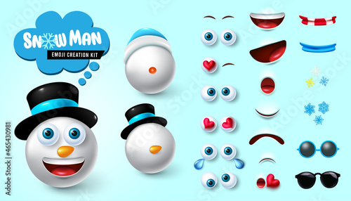Emoji snowman creator vector set. Smiley snow man xmas 3d kit with editable facial reaction of cute, friendly and happy for christmas emoticon expression collection design. Vector illustration.

