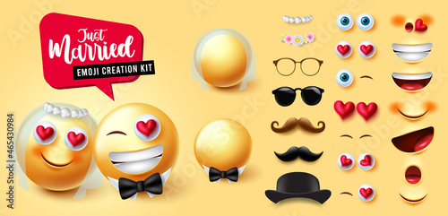 Emoji wedding creator vector set. Smiley 3d character kit with married couple wearing veil and bow in editable face for lover emoticon husband and wife creation design. Vector illustration.
