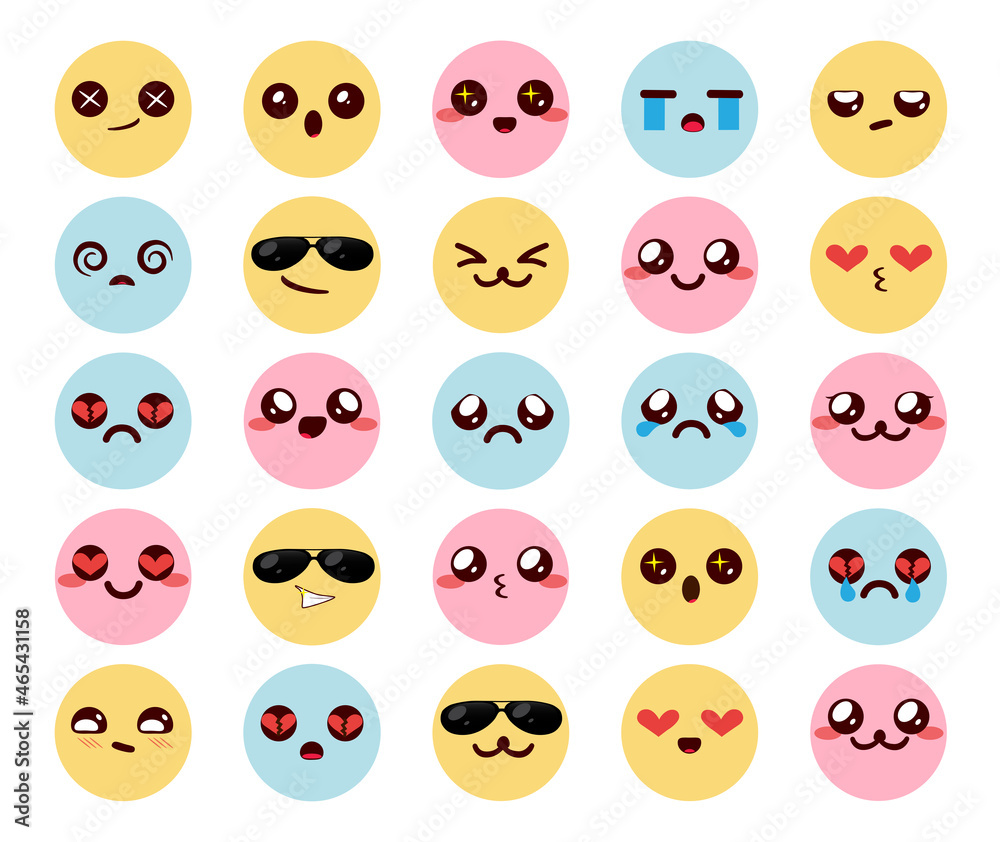 Fototapeta premium Kawaii colorful emoticons vector set. Smileys chibi emoticon cute characters with expressions of happy, smiling, friendly and sad faces for kawaii emojis collection design. Vector illustration. 