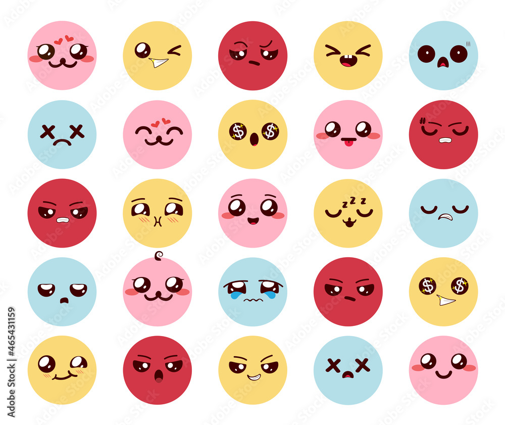 Smileys kawaii character vector set. Emoticon cute cartoon emojis with colorful faces and expression of happy, sad and angry for kawaii emoji chibis collection design. Vector illustration.
Smileys kawaii character vector set. Emoticon cute cartoon emojis with colorful faces and expression of happy, sad and angry for kawaii emoji chibis collection design. Vector illustration.