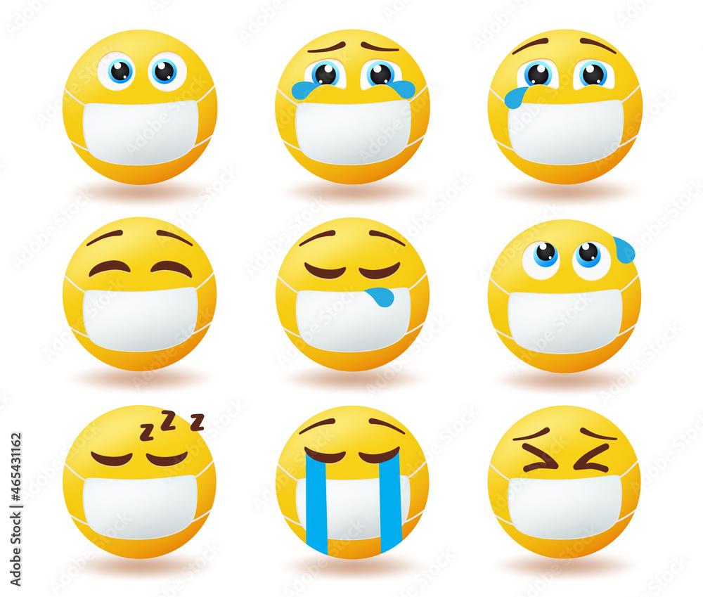 Smiley covid-19 protection vector set. Emoticon characters wearing face ...