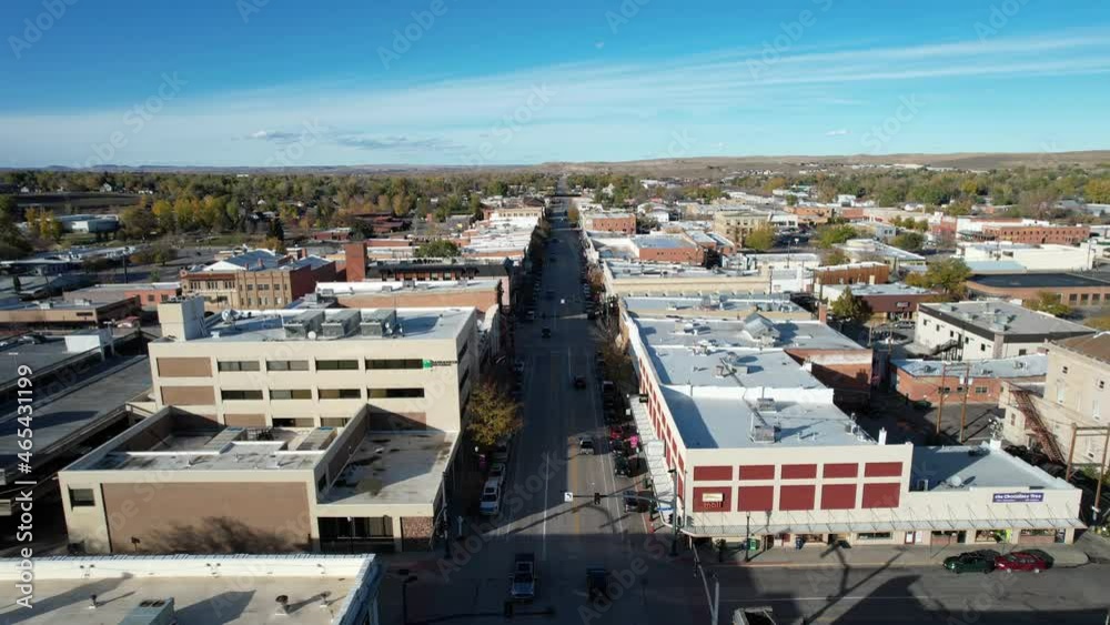 Aerial video of main street in downtown Sheridan, Wyoming Aerial video of main street in downtown Sheridan, Wyoming