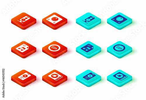 Set Music player, Vinyl with vinyl disk, MP3 file document, EDM electronic dance music, Drum machine and Stereo speaker icon. Vector