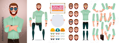 Business man creation kit vector set. Businessman character creator with editable arm hand gestures, head and body parts collection for editable business characters design. Vector illustration.
