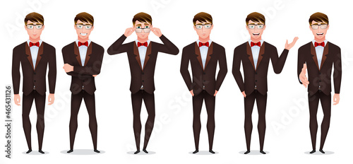 Businessman formal character vector set. Business man characters collection with standing pose in tuxedo suit for formal occasion boss employee pose and gesture design. Vector illustration.
