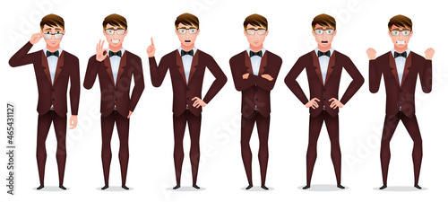 Business man character vector set. Businessman formal characters in tuxedo suit with facial expression isolated in white background for professional business collection design. Vector illustration.
