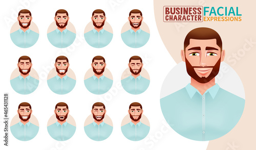Business man facial expressions vector set. Businessman characters face collection in friendly and happy face reaction for job boss employee mood and emotion design. Vector illustration.
