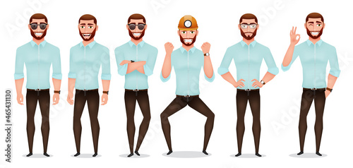 Business man characters vector set. Businessman boss character in standing pose and gesture for rich and handsome male engineer professional employee collection design. Vector illustration.
