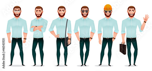 Businessman characters vector set. Business sales man and engineer character standing with friendly facial expression for boss employee collection worker design. Vector illustration.
