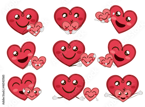 Emoji mother and kid characters vector set. Emoticon mom heart shape characters with happy child for mothers day and valentines love character collection design. Vector illustration.
