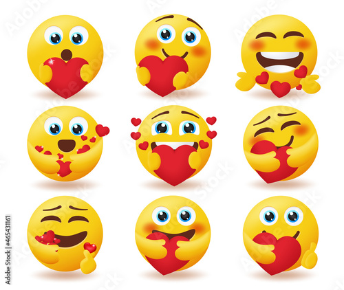 Smiley in love emojis vector set. Valentine emoticons character with hearts love element isolated in white background for care and love emoji collection design. Vector illustration.
