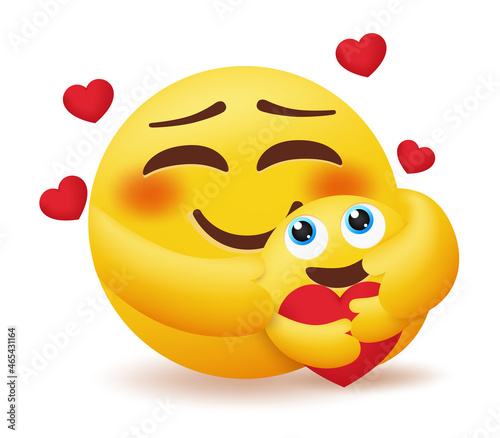 Emoji mother and child vector concept design. Emoticon mom hugging, caring and loving happy kid with heart care element for smiley mother's day character design. Vector illustration.
