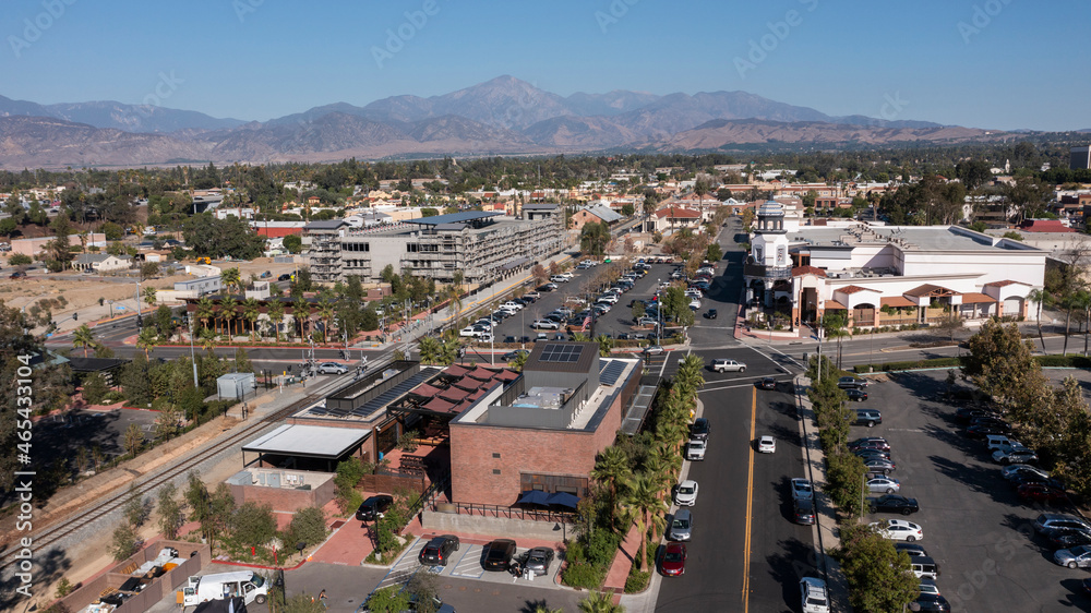 Daytime aerial view of downtown Redlands, California, USA.