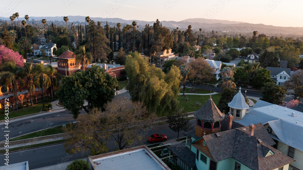 Sunset aerial view of historic downtown Redlands, California, USA.