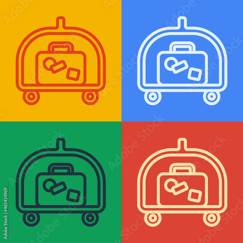 Pop art line Hotel luggage cart with suitcase icon isolated on color background. Traveling baggage sign. Travel luggage icon. Vector