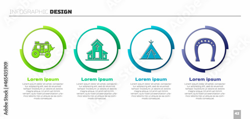 Set Western stagecoach, Church building, Indian teepee or wigwam and Horseshoe. Business infographic template. Vector