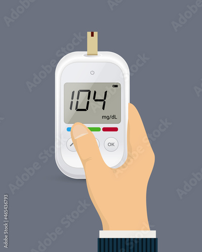 Glucose sugar test in hand icon. Glucometer vector blood monitor. Diabetes sugar meter insulin control device