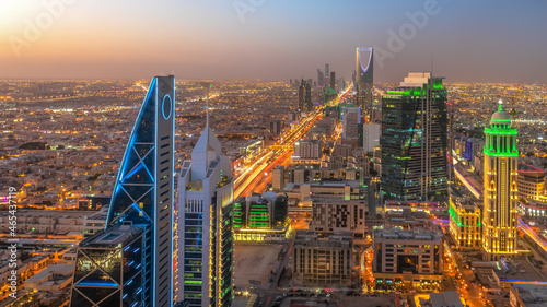 Kingdom of Saudi Arabia Landscape at night - Riyadh Tower Kingdom Center - Kingdom Tower - Riyadh skyline - Riyadh at night photo