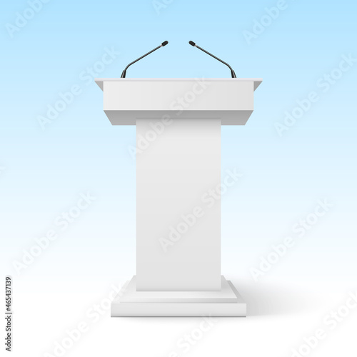Tribune podium rostrum speech stand. Conference stage with microphone, press or debate speaker isolated orator pulpit