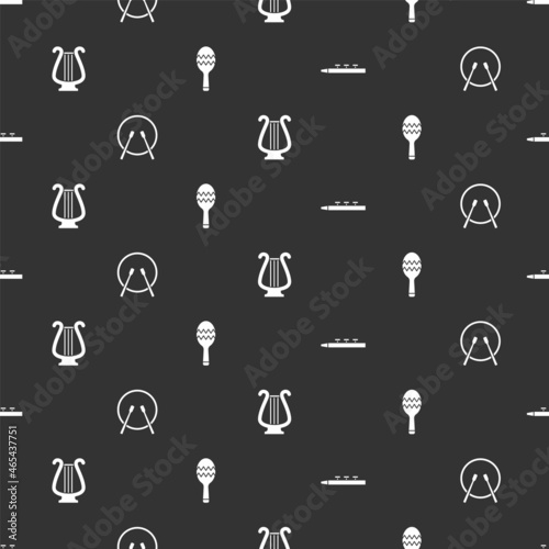 Set Drum and drum sticks, , Ancient lyre and Maracas on seamless pattern. Vector