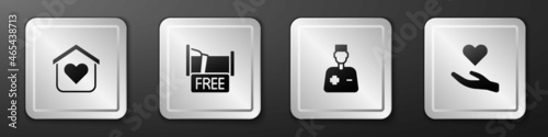 Set Shelter for homeless, Free overnight stay house, Male doctor and Heart in hand icon. Silver square button. Vector