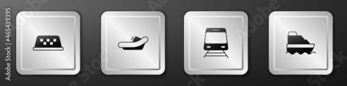 Set Taxi car roof, Rafting boat, Train and railway and Cruise ship icon. Silver square button. Vector
