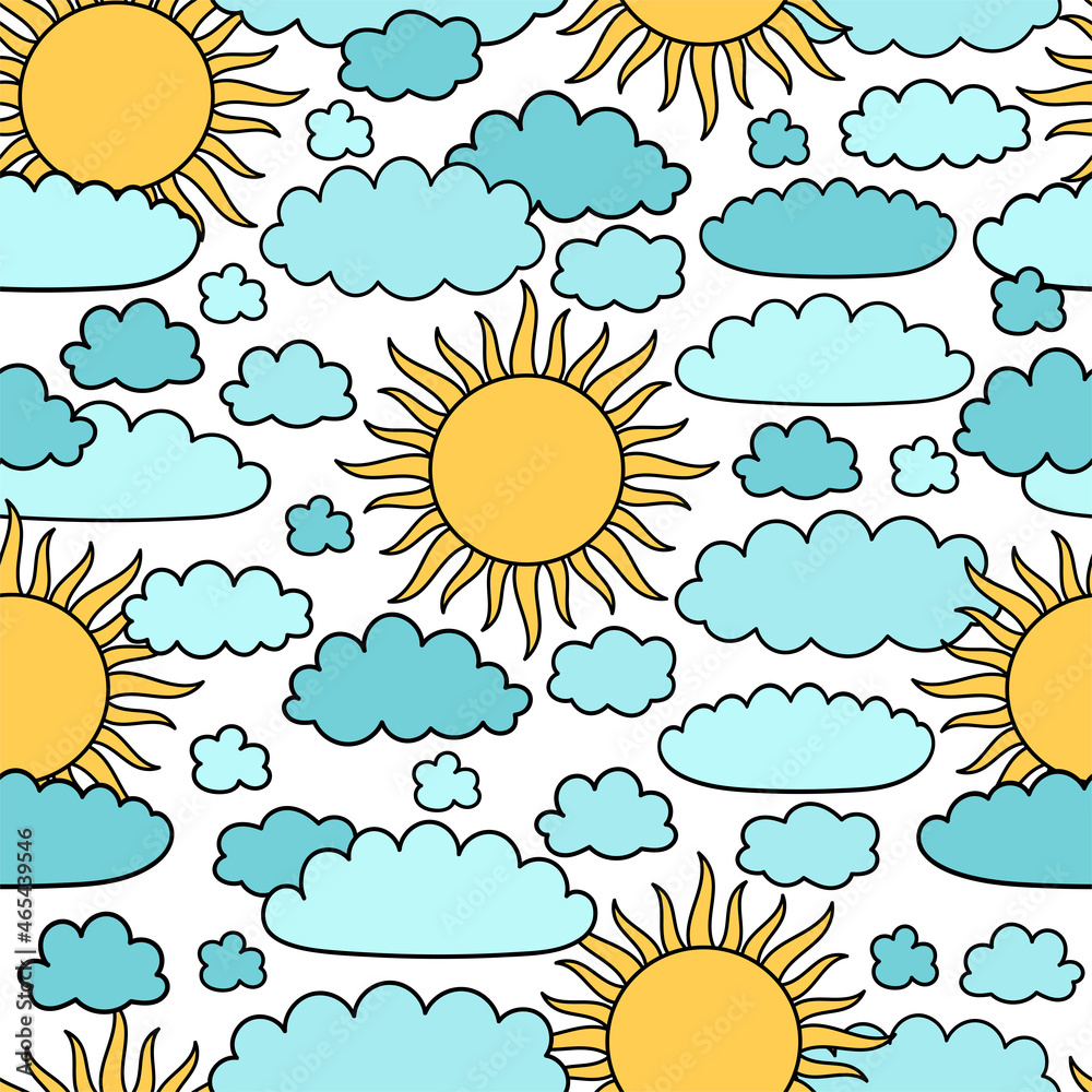 Sun pattern. Cartoon sun print. Night children background. Cartoon sun and cloud. Color pastel heavenly body. Bedtime stories. Sun texture. Kids backdrop.
