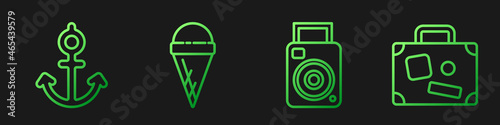 Set line Photo camera, Anchor, Ice cream in waffle cone and Suitcase. Gradient color icons. Vector