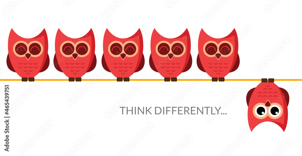 Think different funny idea concept. Unique minimal leader owl stand. Think  differently leadership Stock-Vektorgrafik | Adobe Stock