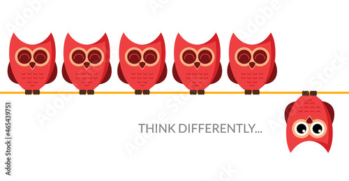 Think different funny idea concept. Unique minimal leader owl stand. Think differently leadership