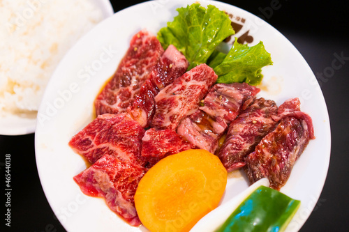 Real Yakiniku japanese grill style in japan.food that grille a thin sliced wagyu beef and dipped in a soy-bean sauce based sauce an rice.Lunch set.barbecue grill teppanyaki.Delicious menu.Fresh raw.