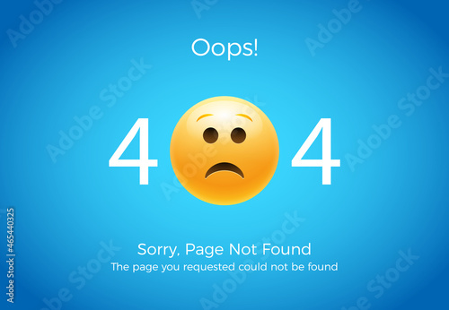 404 error page not found. Emoji sad smile. Vector illustration web design of 404 site page
