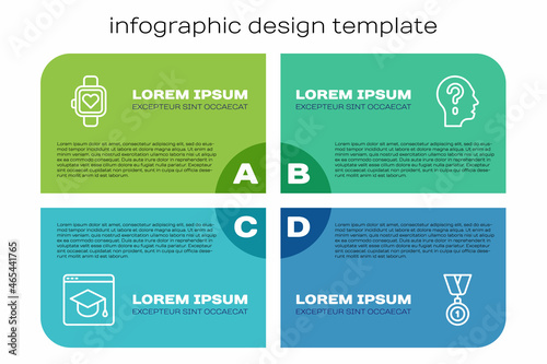 Set line Online education, Smart watch, Medal and Head with question mark. Business infographic template. Vector