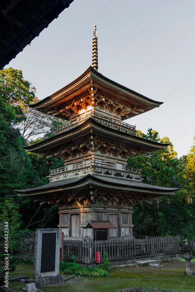 斜めに見る岩殿山安楽寺の三重塔／【吉見観音】日本埼玉県比企郡吉見町